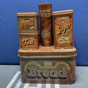1978 Chienco Tin Litho Bread Box 5 pc Canister Set Pasta Tea Coffee Sugar READ